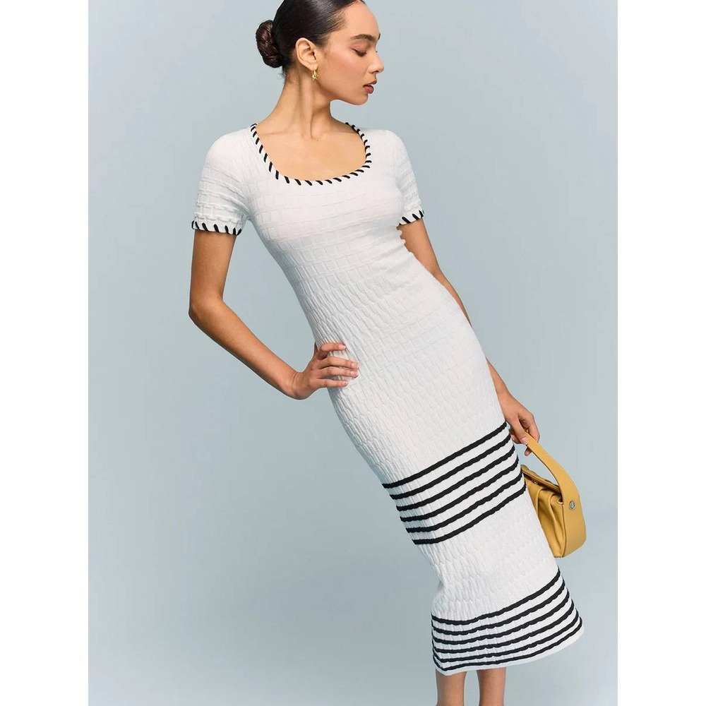Commense White Contrast Whipstitch Textured Knit Striped Midi Dress Large NEW L
